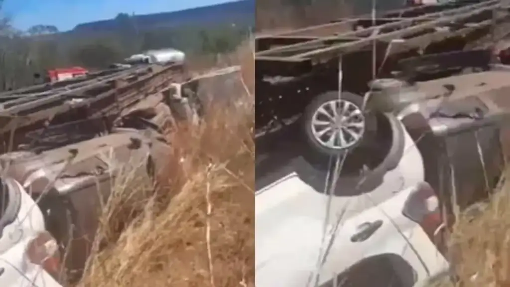 Caminhão-cegonha tomba na br-135 em bertolínia: Caminhão-cegonha tombado na BR-135 em Bertolínia