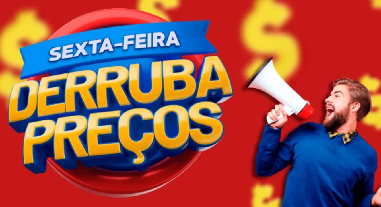 Sexta-feira Derruba Preços: promoção com homem anunciando ofertas em megafone
