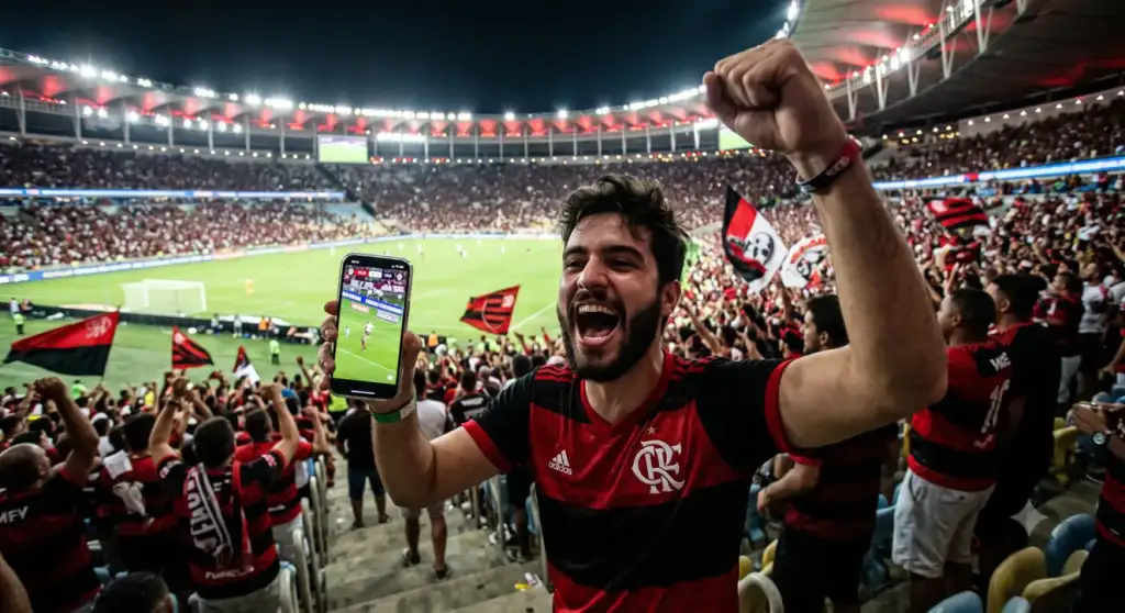 Torcedor do Flamengo comemorando no estádio, exibindo o jogo transmitido no celular, com a arquibancada lotada ao fundo