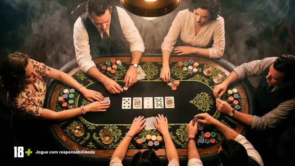 Vista de cima de mesa de pôquer com jogadores, cartas e fichas; aviso "18+ Jogue com responsabilidade