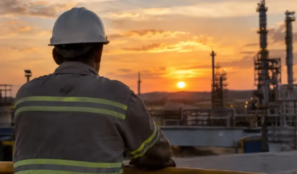 Trabalhador de capacete observa refinaria industrial ao pôr do sol