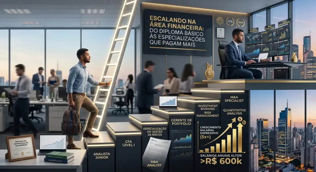 Ilustração de escada de carreira financeira: de Analista Júnior a M&A Specialist, com salários acima de R$ 600 mil e crescimento salarial de 5x