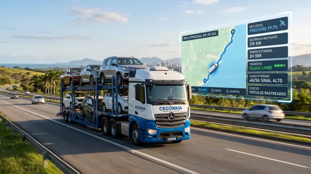 Caminhão-cegonha na BR-101 Sul com painel de rastreamento GPS mostrando rota, distância de 215 km e sinal 4G/5G alto