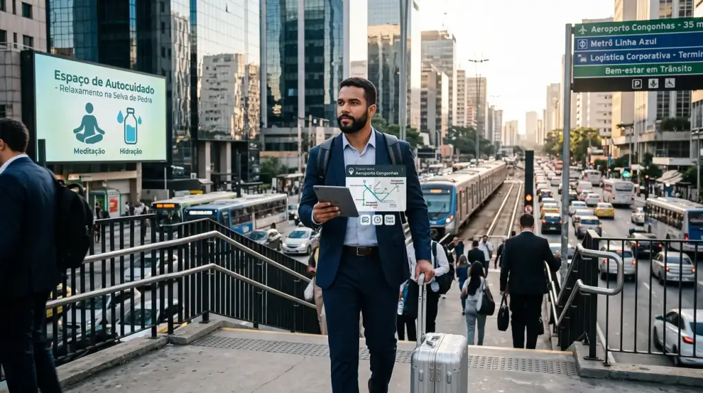 Executivo com tablet e mala sobe escada em avenida movimentada, painel indica rota até o Aeroporto de Congonhas e cartaz anuncia espaço de meditação e hidratação