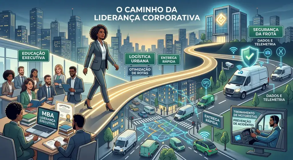 Ilustração "O Caminho da Liderança Corporativa": executiva caminha de sala de MBA até frota conectada, com etapas de educação executiva, logística urbana, otimização de rotas, entrega rápida, segurança da frota, dados e telemetria e treinamento de motoristas