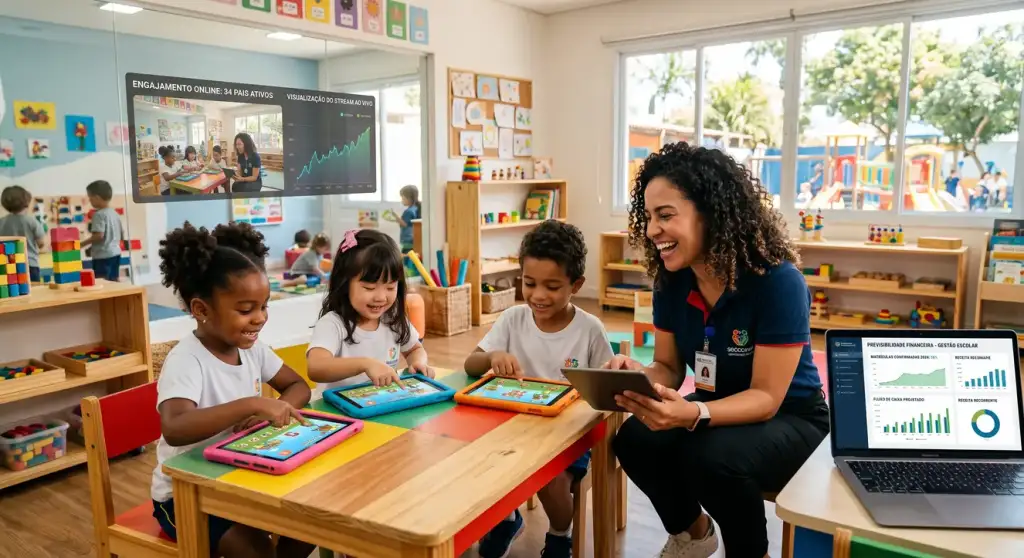 Professora sorri com três crianças usando tablets em sala; painel mostra engajamento online e laptop exibe gráficos financeiros escolares