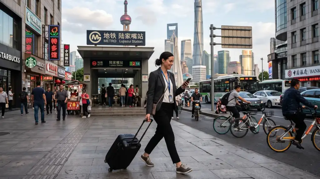 Mulher de negócios com mala de rodinhas caminha em rua movimentada perto da estação de metrô Lujiazui, em Xangai, com skyline ao fundo