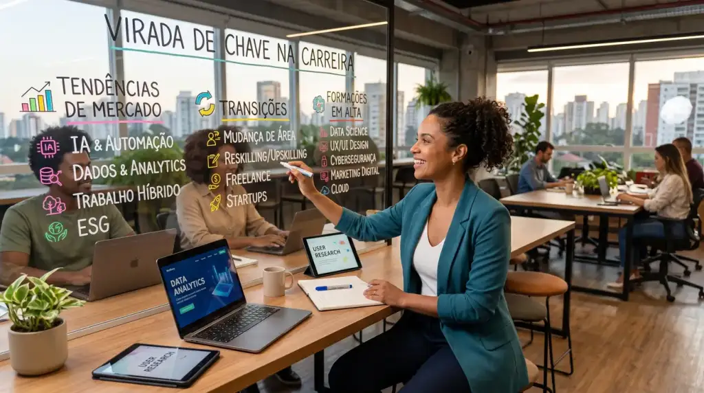 Infográfico "Virada de Chave na Carreira": tendências de mercado (IA, dados, trabalho híbrido, ESG), transições de carreira e formações em alta como Data Science e Cibersegurança, com profissional apresentando o tema em escritório