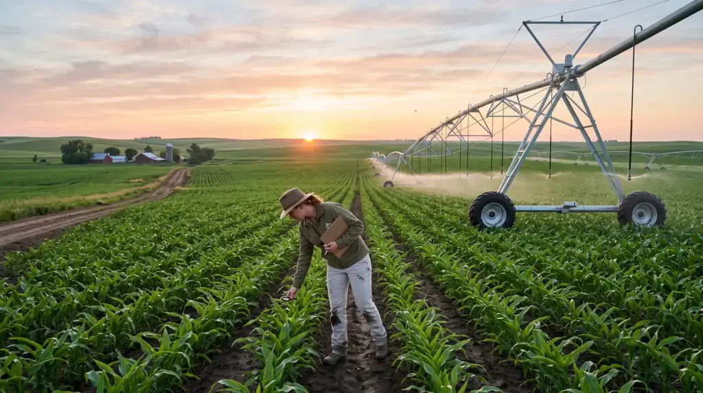 Agricultora examina plantação de milho ao pôr do sol, com pivô de irrigação e fazenda ao fundo