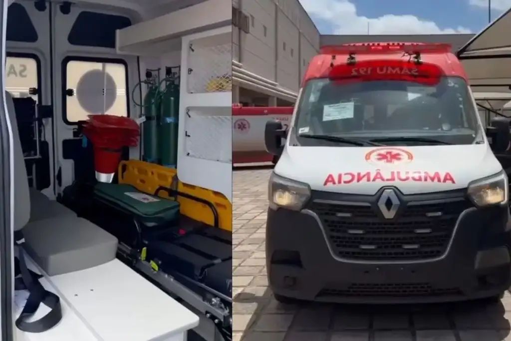 Ambulância do SAMU 192, mostrando o interior equipado e a frente do veículo estacionado
