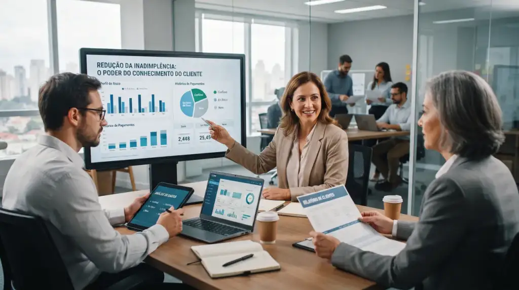 Executiva apresenta em reunião gráficos sobre "Redução da Inadimplência: o Poder do Conhecimento do Cliente" em tela, com colegas analisando dados em tablet e relatórios