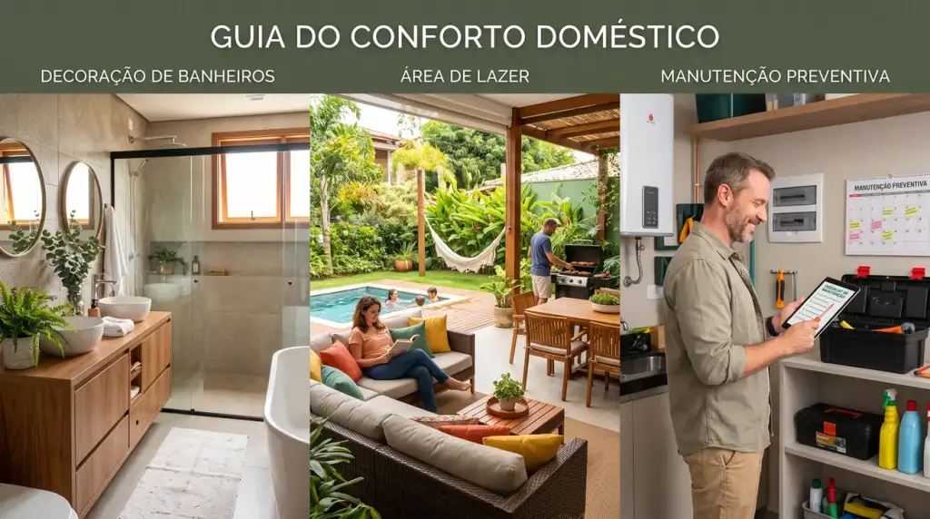 Guia do Conforto Doméstico: banheiro decorado, área de lazer com piscina e churrasqueira, e homem consultando checklist de manutenção preventiva com aquecedor e ferramentas
