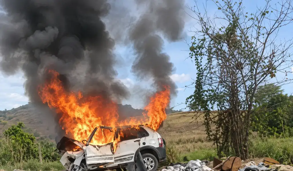 Carro em chamas após colisão frontal BR-226 Presidente Dutra