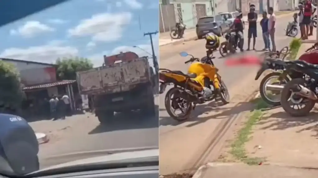 Menina atropelada e morta em imperatriz: Caminhão-caçamba e local do atropelamento fatal em Imperatriz.