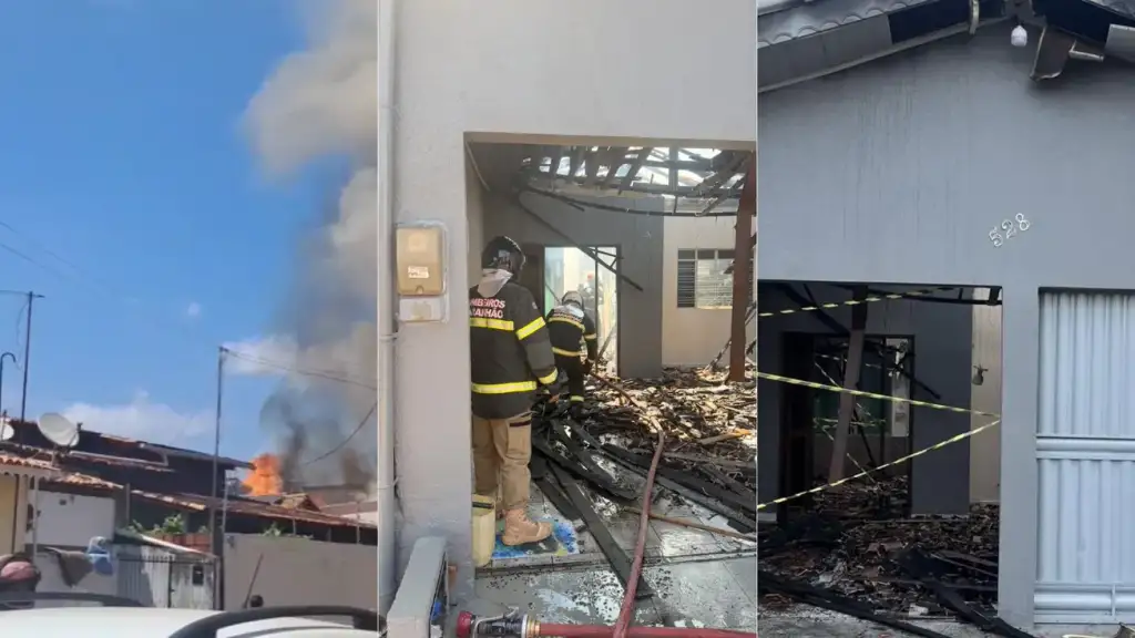 Sequência mostra incêndio com fumaça sobre telhado, bombeiros combatendo o fogo dentro da casa destruída e o imóvel isolado com fita após o incêndio