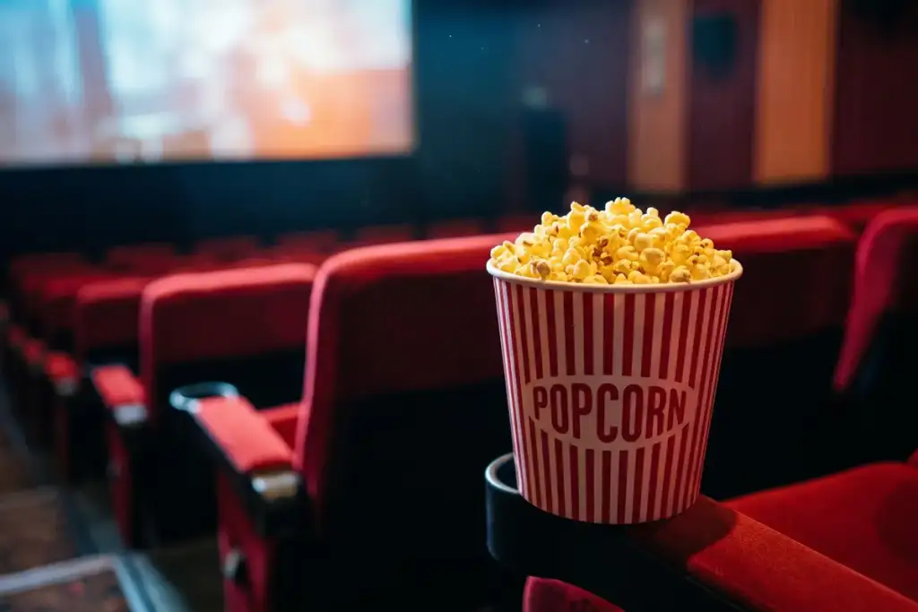 Balde de pipoca listrado sobre poltrona vermelha em sala de cinema, com a tela ao fundo