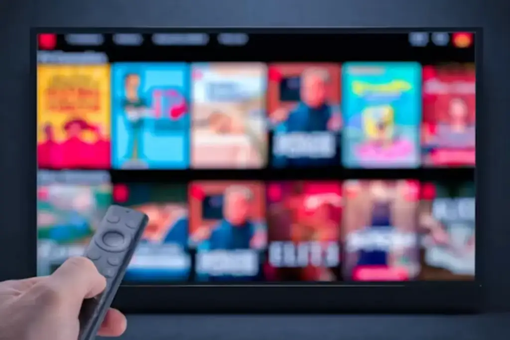 Mão segurando controle remoto apontado para TV com catálogo de filmes e séries de serviço de streaming