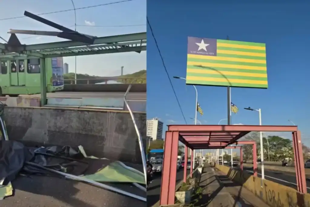 Estrutura cai sobre ônibus na ponte jk teresina: Estrutura com bandeira do Piauí desaba sobre ônibus