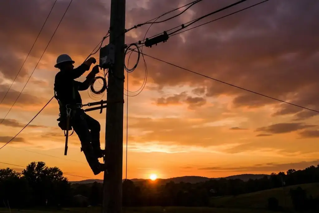 Eletricista preso por cinto de segurança conserta fios em poste durante pôr do sol