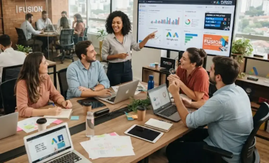 Mulher apresenta dados de marketing digital e Google Ads em tela a equipe reunida no escritório de marketing