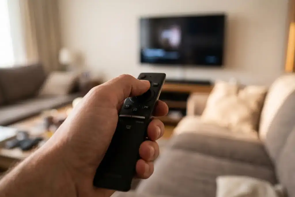 Mão segurando um controle remoto apontado para uma smart TV ligada em uma sala de estar