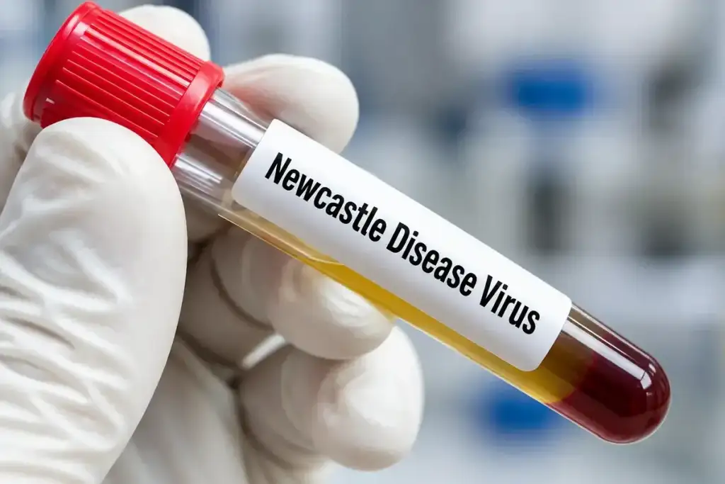 Mão com luva segurando tubo de ensaio com amostra de sangue rotulado "Newcastle Disease