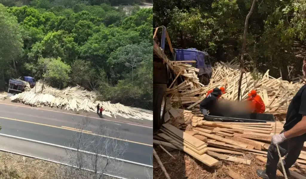 Carreta tomba na br-222 em piripiri: Carreta com madeira tomba na BR-222 em Piripiri